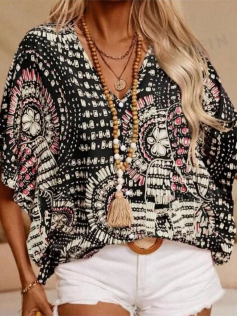 Black & Pink V-Neck Boho Printed Blouse